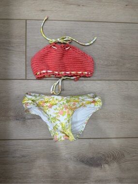Zimmermann Girls Floral Bikini Set - Coral Top & Yellow Floral Bottom
